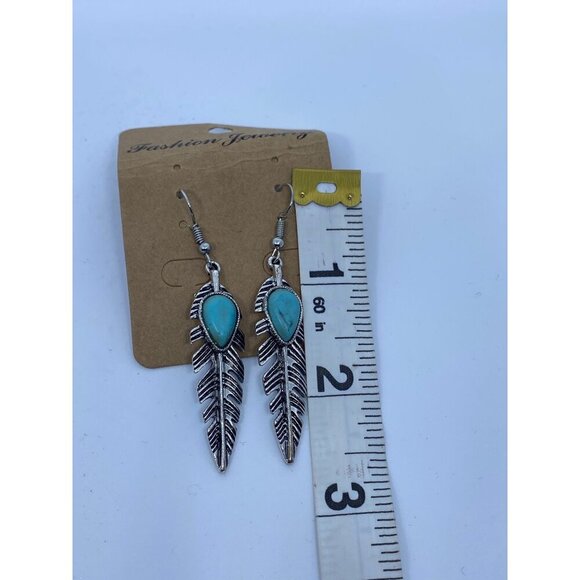 Retro Silver Leaf Earrings Turquoise Stone Accent Dangle Fashion Jewelry Womens - Picture 4 of 7